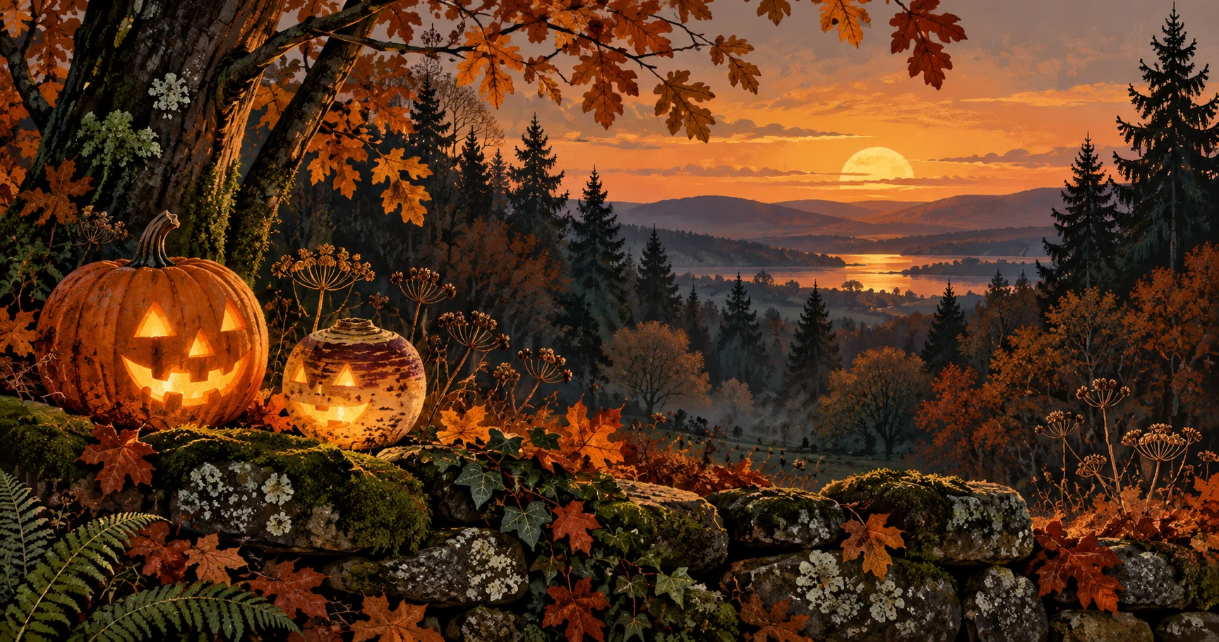 Illustration of glowing pumpkin and turnip lanterns on a mossy stone wall, overlooking an autumn woodland at sunset.